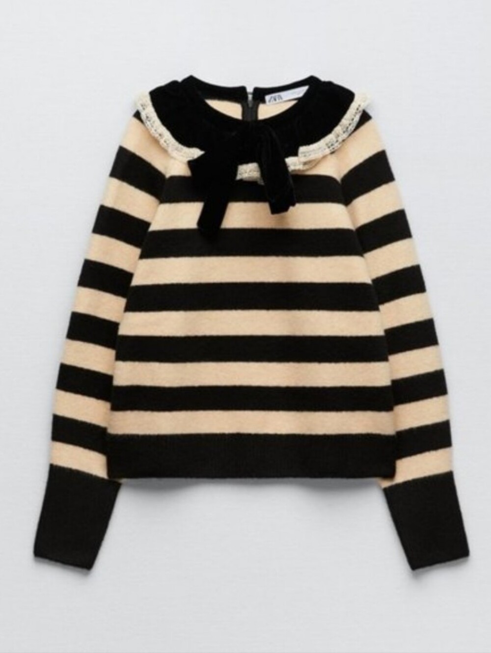 Zara Black Cream Striped Velvet Bow Collar Sweater Small Feminine Romantic